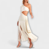 Ecru Maxi-Kleid mit Cutout am Taillenbereich und Fransen-Volants