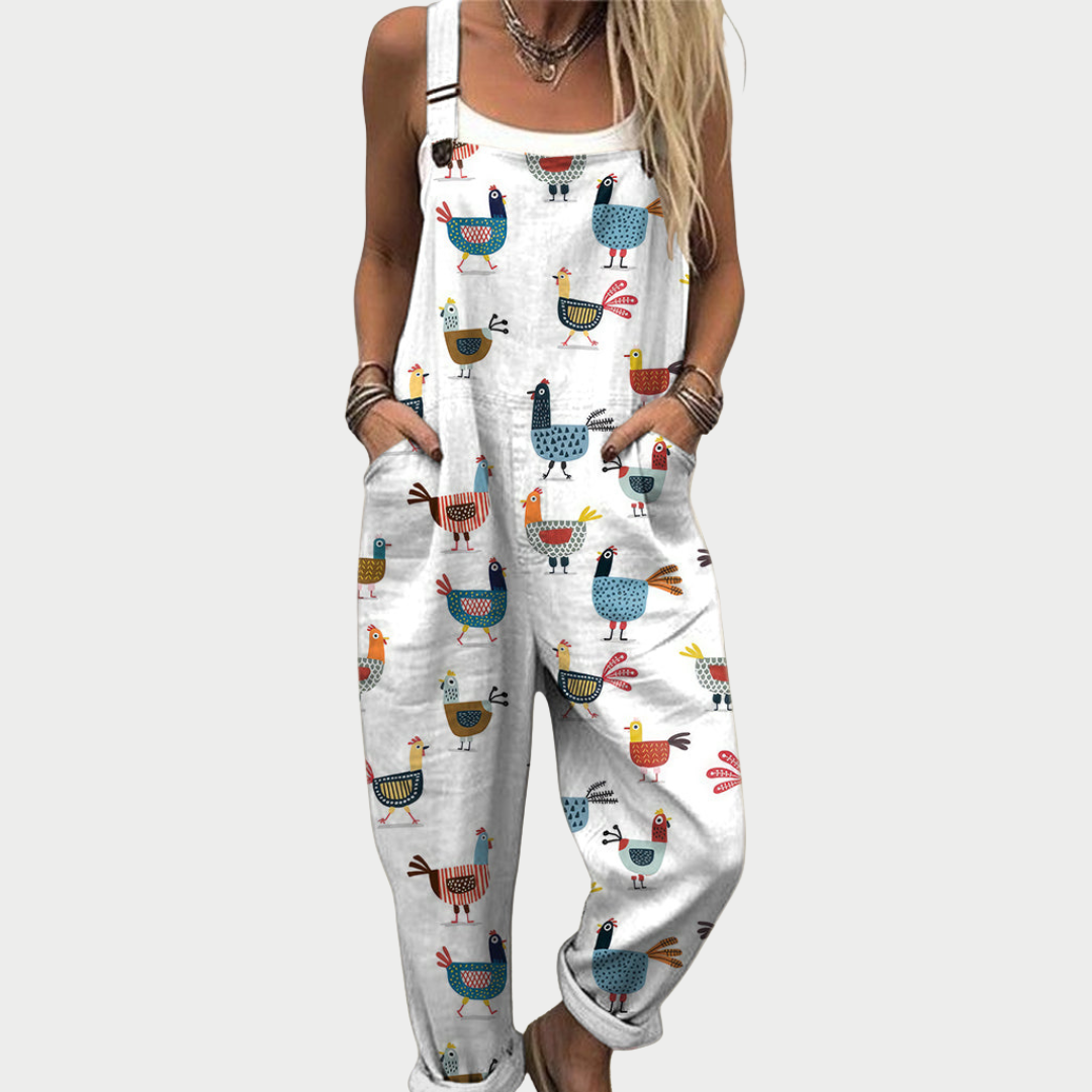 Weißer Druckoverall ohne Ärmel mit niedlichem Tiermuster und Trägern