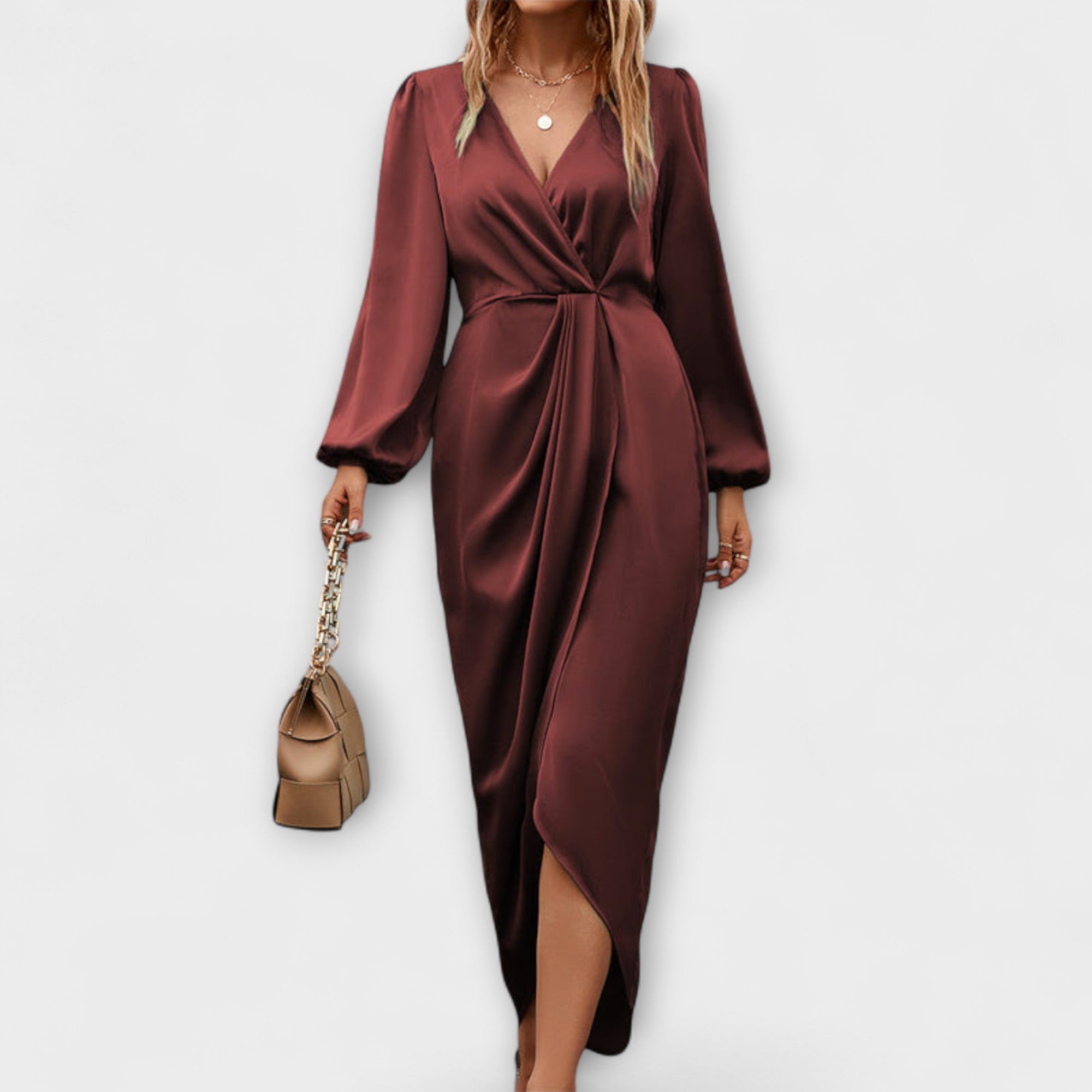 Schokoladenfarbenes Wickelkleid mit V-Ausschnitt, Gürtelbindung und langen Puffärmeln