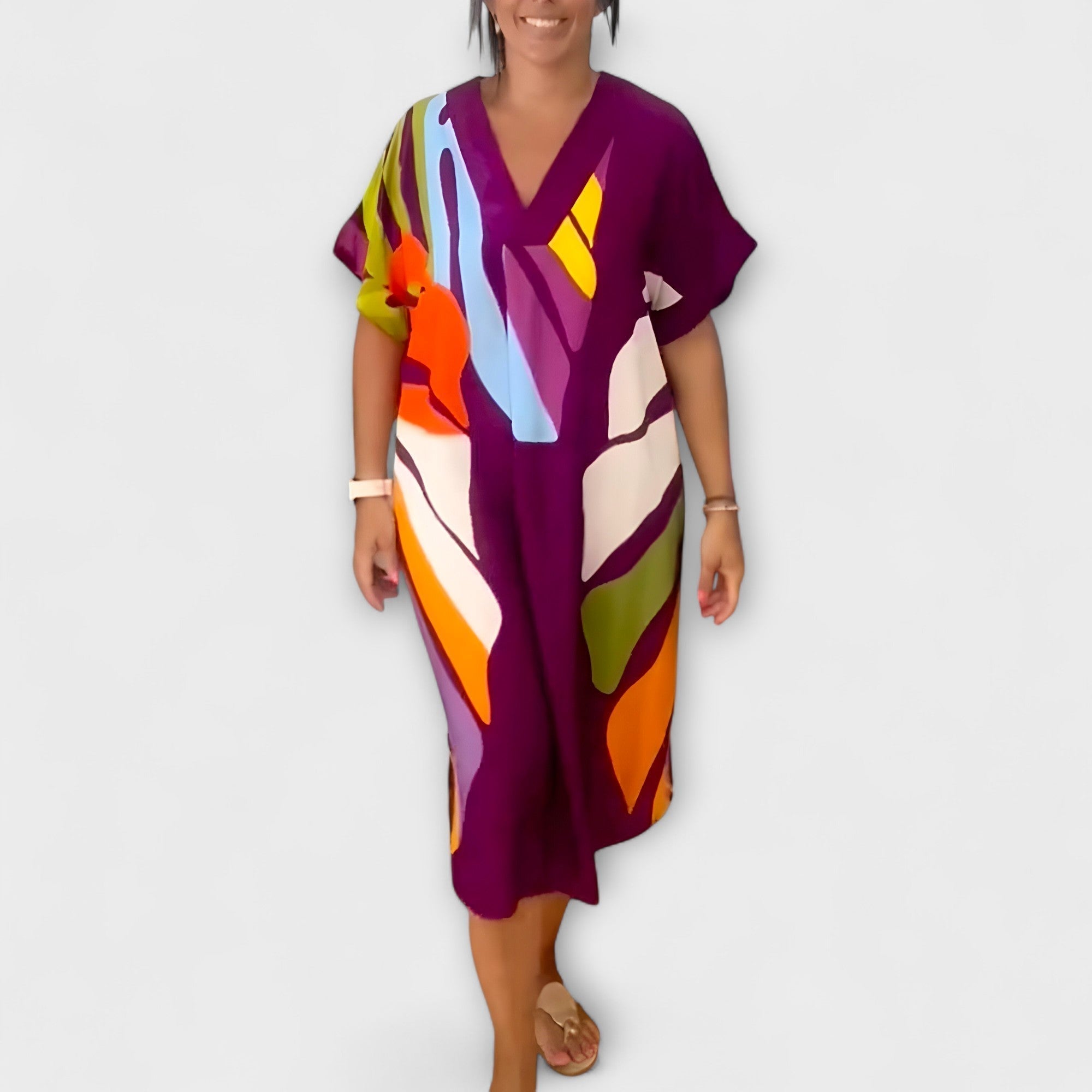 Lässiges Kleid mit mehrfarbigem Blätterdruck auf dunklem Lila, V-Ausschnitt