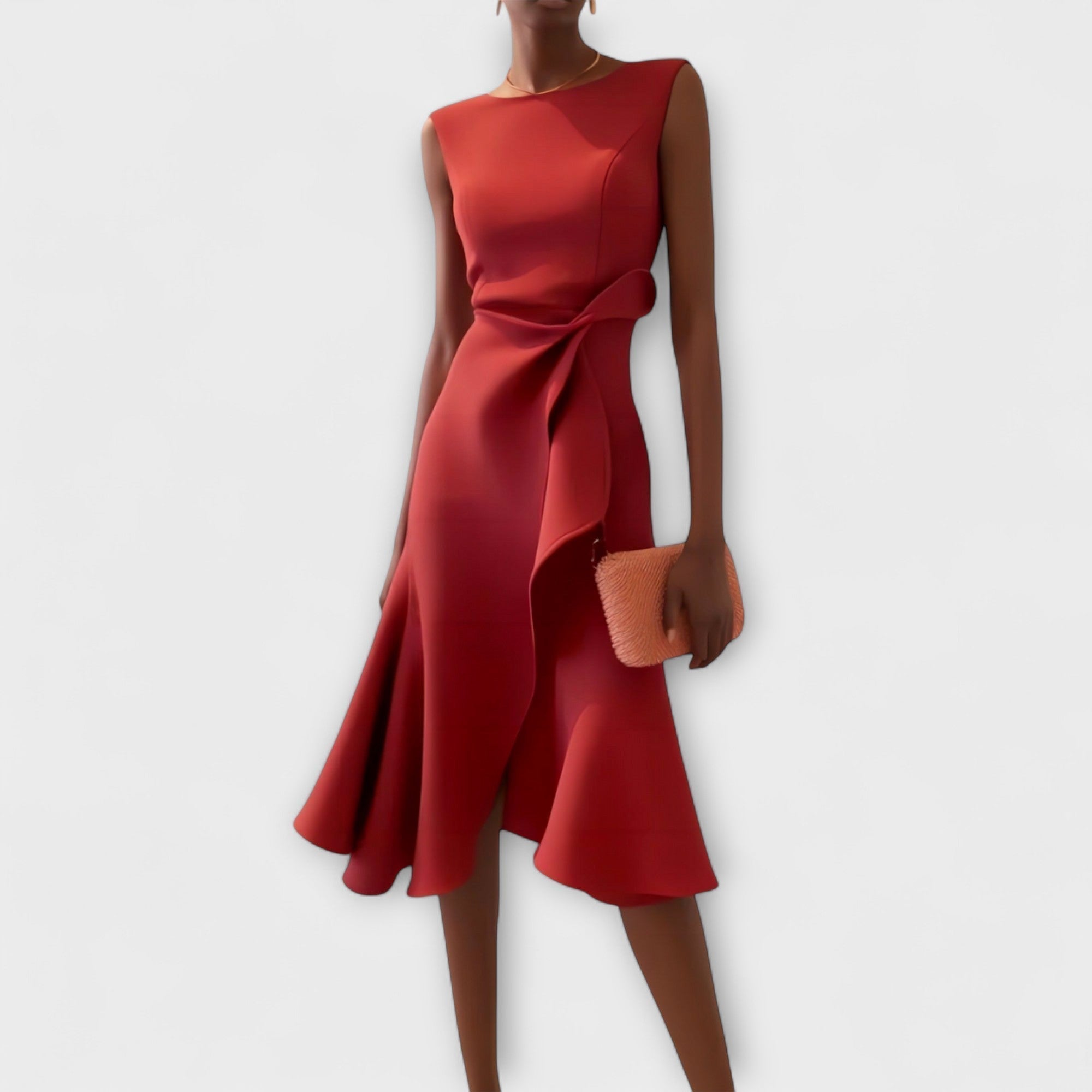 Drapiertes asymmetrisches Midikleid, ärmellos, rot, mit Knoten-Detail vorn
