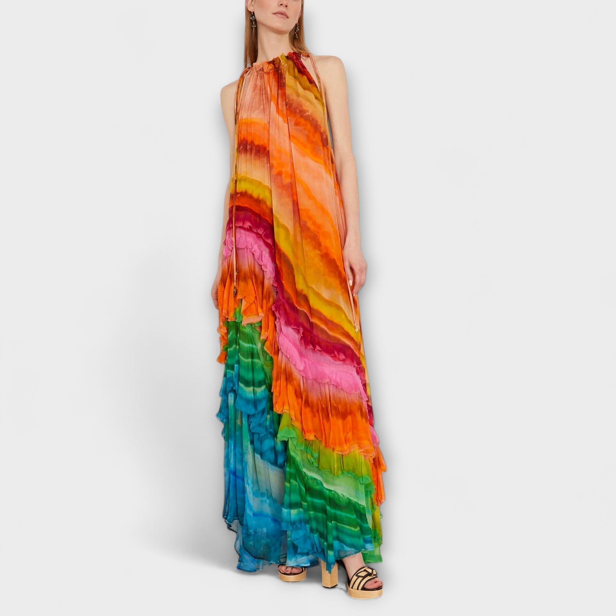 Maxikleid mit Volantbesatz, ärmellos, Hochhals, buntes Farbverlauf-Muster