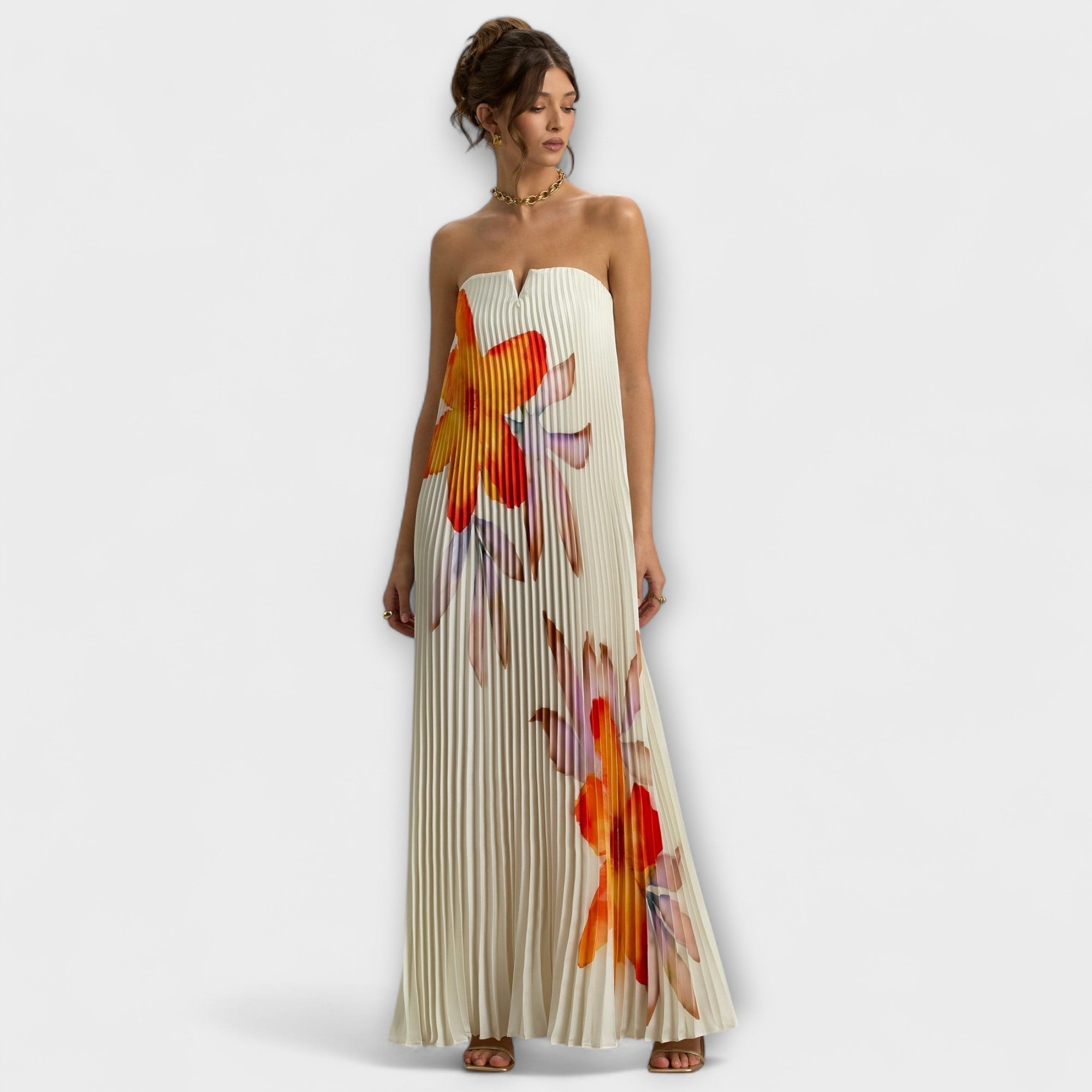Maxikleid mit Sweetheart-Ausschnitt, hell gestreift und orange Blumenmuster