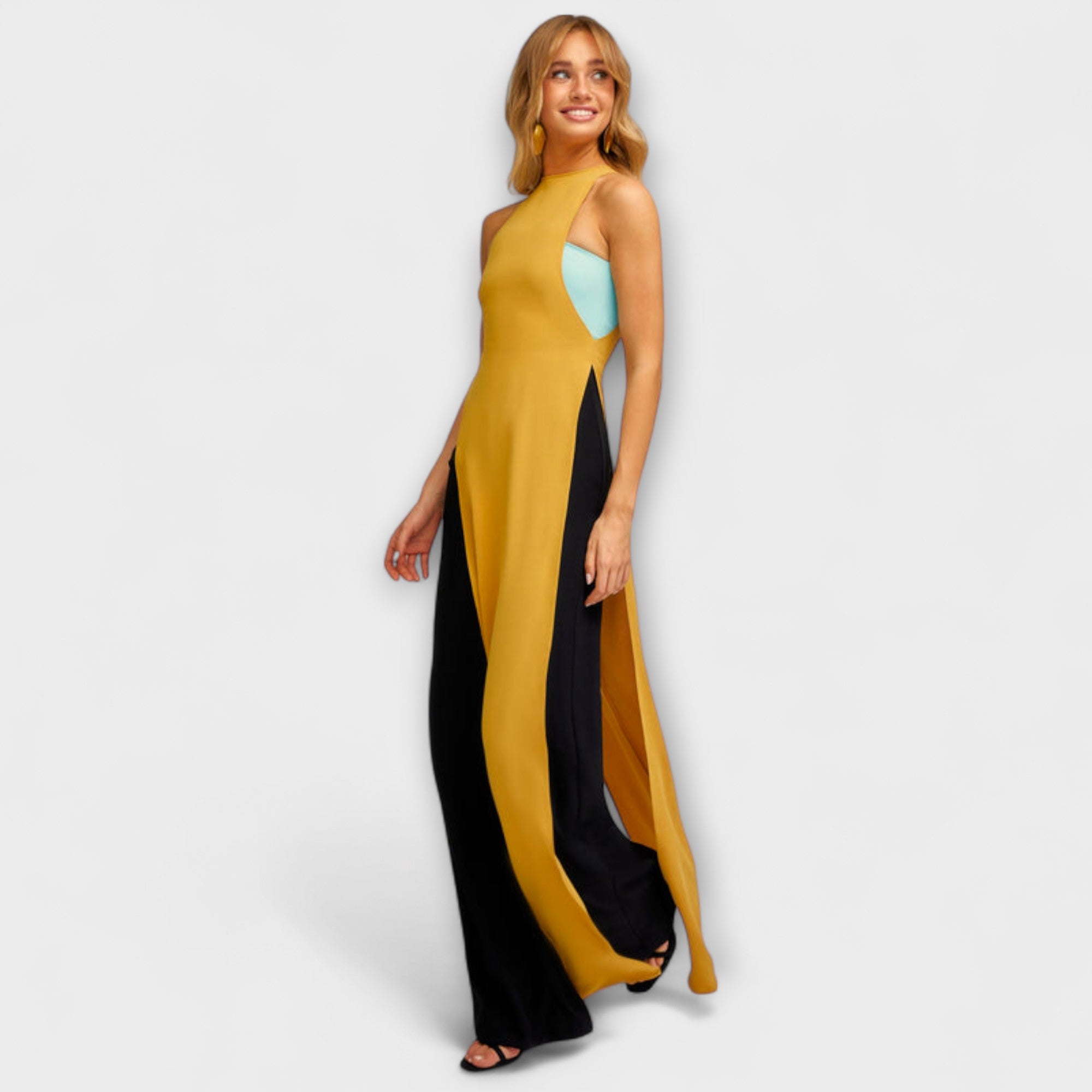 Ärmelloser Jumpsuit mit asymmetrischem Schnitt, gelb-schwarz und türkisfarbenem Oberteil