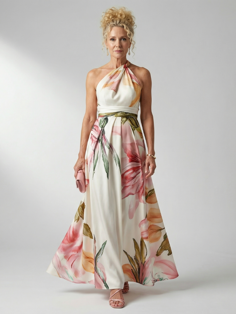 Maxikleid mit Blumenprint, ärmellosem Neckholder und geraffter Taillenbindung, hellrosa