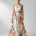Maxikleid mit Blumenprint, ärmellosem Neckholder und geraffter Taillenbindung, hellrosa