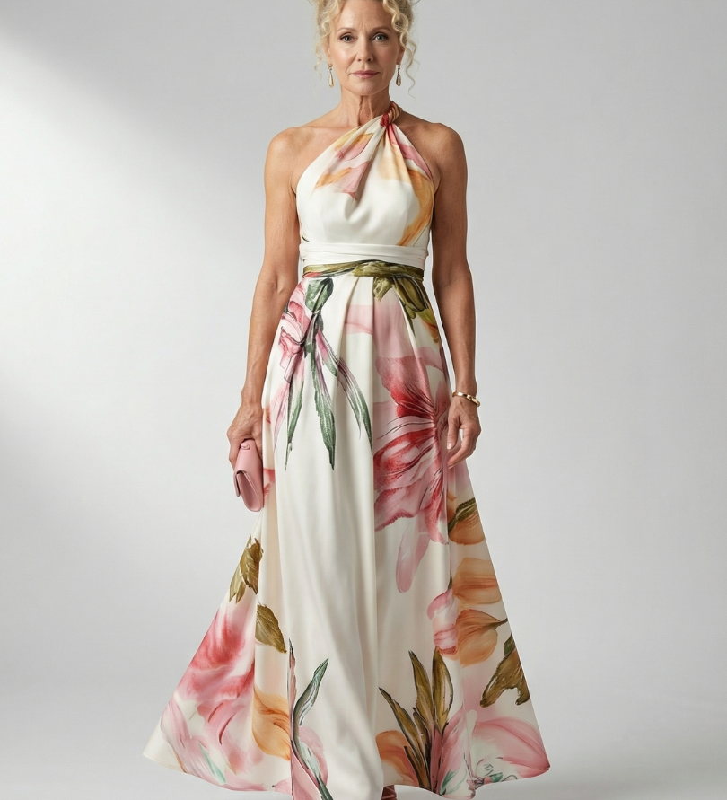 Maxikleid mit Blumenprint, ärmellosem Neckholder und geraffter Taillenbindung, hellrosa