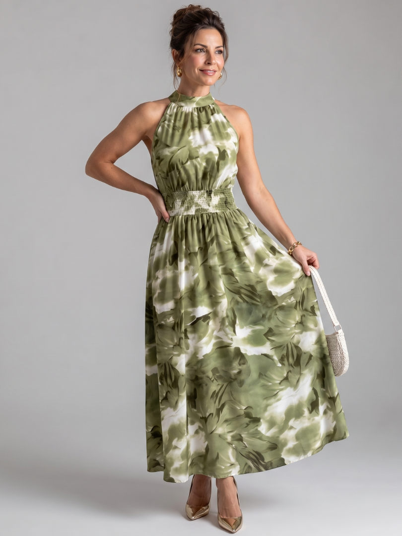 Grünes Midi-Kleid mit geraffter Taille und abstraktem Blattdruck, ärmellos, hoher Hals