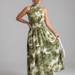 Grünes Midi-Kleid mit geraffter Taille und abstraktem Blattdruck, ärmellos, hoher Hals