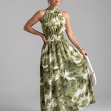 Grünes Midi-Kleid mit geraffter Taille und abstraktem Blattdruck, ärmellos, hoher Hals