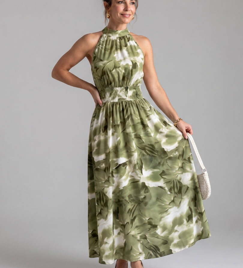 Grünes Midi-Kleid mit geraffter Taille und abstraktem Blattdruck, ärmellos, hoher Hals