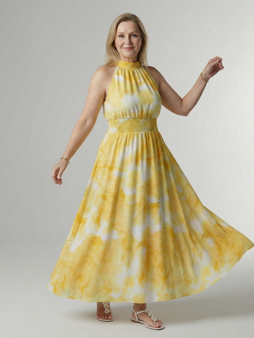 Gelbes Halter-Midi-Kleid mit Kragenband, gerafftem Oberteil und Faltenrock