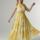 Gelbes Halter-Midi-Kleid mit Kragenband, gerafftem Oberteil und Faltenrock