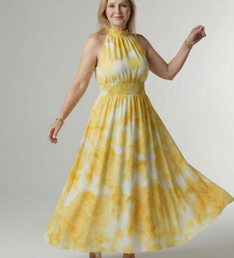 Gelbes Halter-Midi-Kleid mit Kragenband, gerafftem Oberteil und Faltenrock