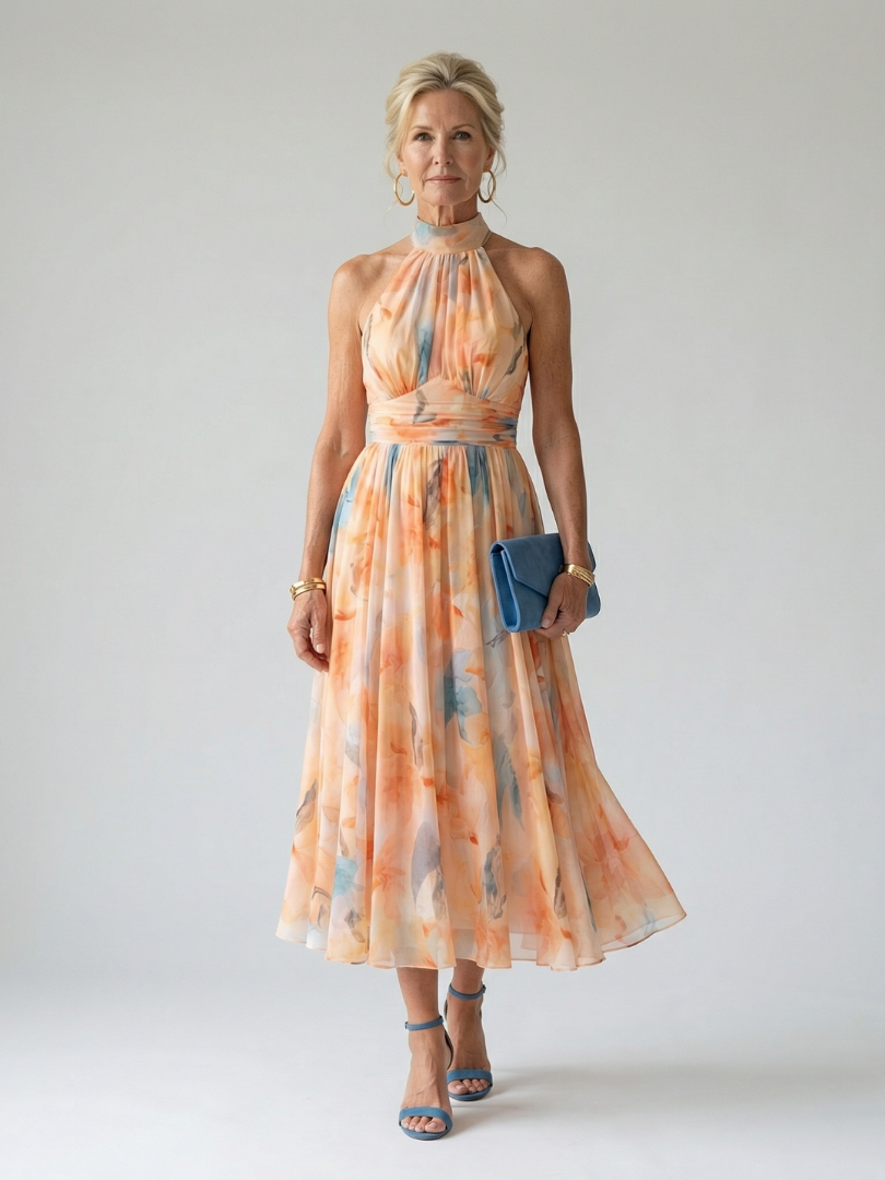 Halter-Midi-Kleid mit mehrfarbigem Muster, ärmellos, geraffter hoher Ausschnitt