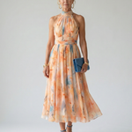 Halter-Midi-Kleid mit mehrfarbigem Muster, ärmellos, geraffter hoher Ausschnitt