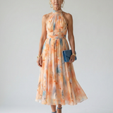 Halter-Midi-Kleid mit mehrfarbigem Muster, ärmellos, geraffter hoher Ausschnitt