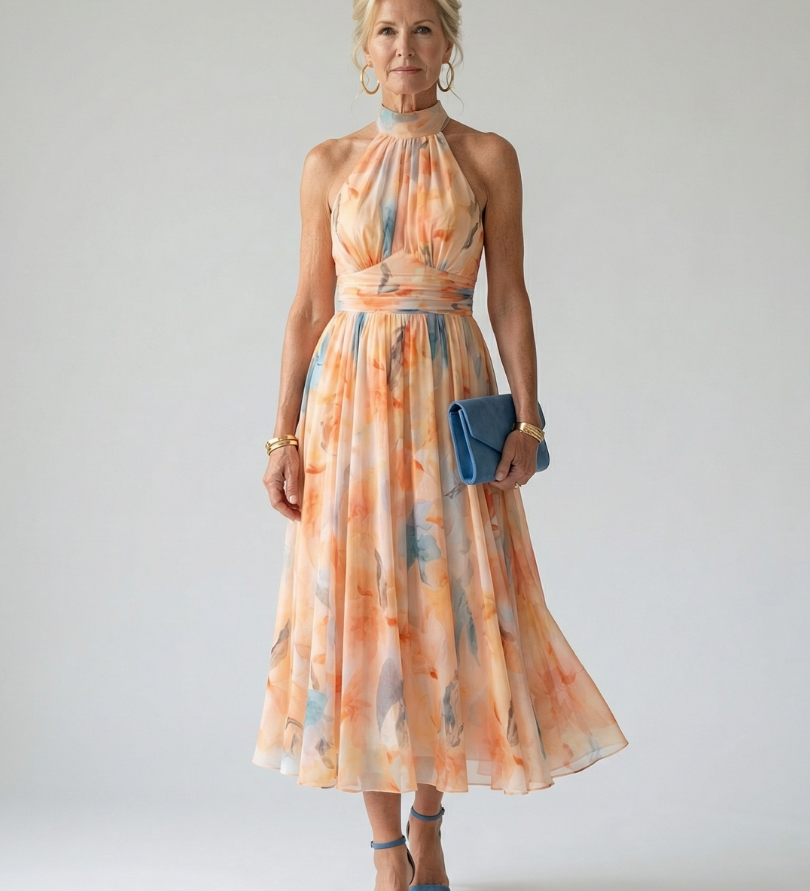 Halter-Midi-Kleid mit mehrfarbigem Muster, ärmellos, geraffter hoher Ausschnitt