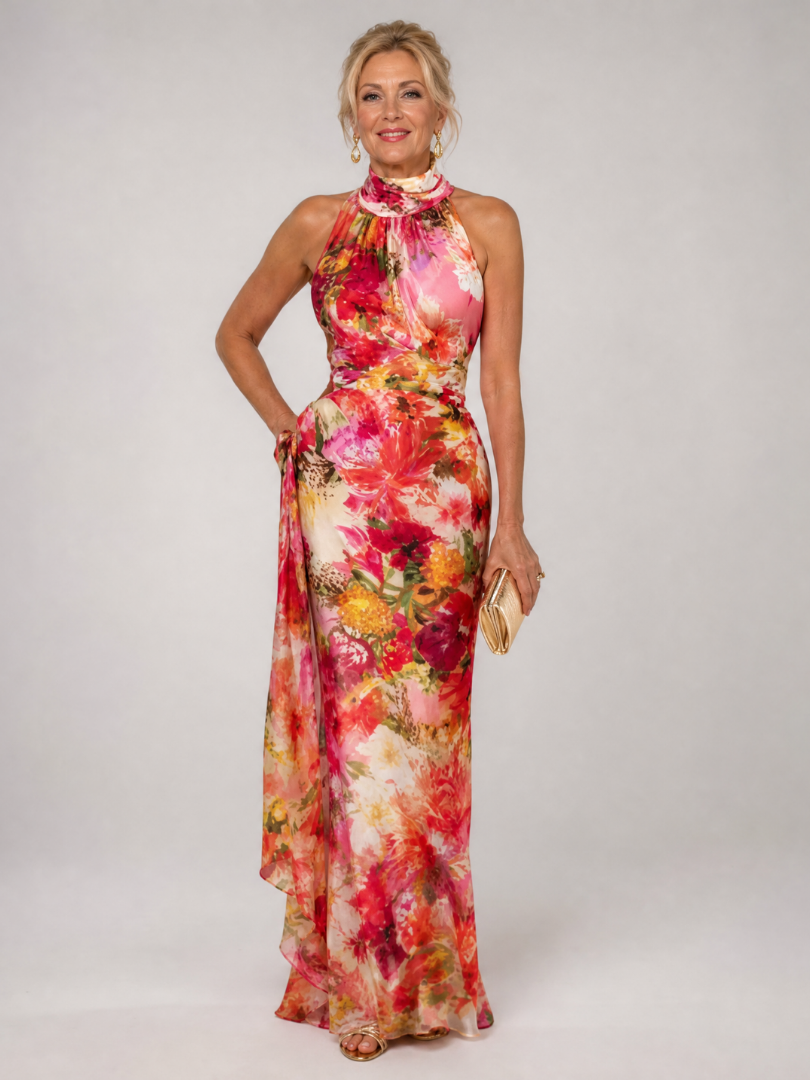 Maxikleid mit Neckholder und florales Blumenmuster in Pink/Rot, ärmellos