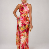 Maxikleid mit Neckholder und florales Blumenmuster in Pink/Rot, ärmellos