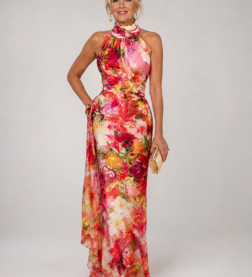 Maxikleid mit Neckholder und florales Blumenmuster in Pink/Rot, ärmellos
