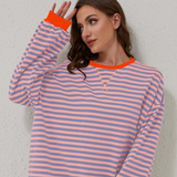LUCY I Pullover mit langen Ärmeln, rosa-blau gestreift, mit orangefarbenen Abschlüssen
