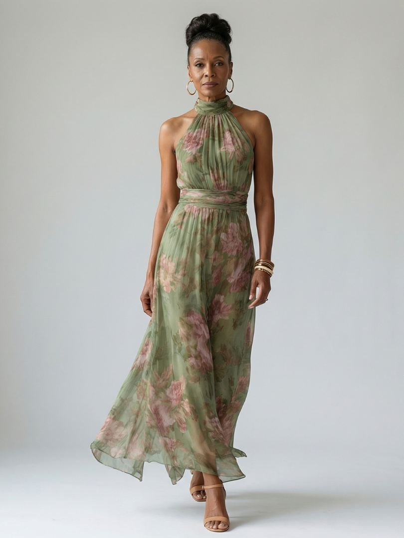 Midikleid Salbeigrün mit rosa Blüten, geraffter Halterkragen und weiter Rock