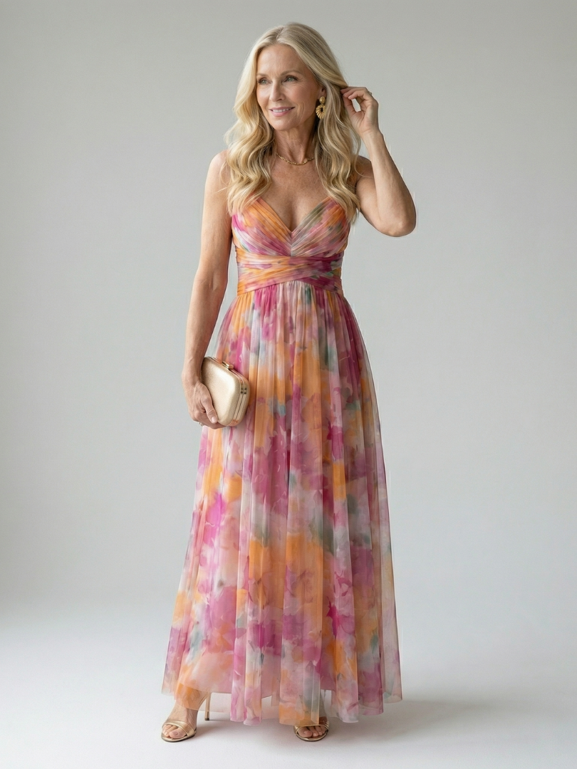 Maxi-Wickelkleid aus Chiffon mit bunter Wasserfarben-Optik, Trägern und V-Ausschnitt