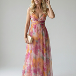 Maxi-Wickelkleid aus Chiffon mit bunter Wasserfarben-Optik, Trägern und V-Ausschnitt
