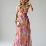Maxi-Wickelkleid aus Chiffon mit bunter Wasserfarben-Optik, Trägern und V-Ausschnitt