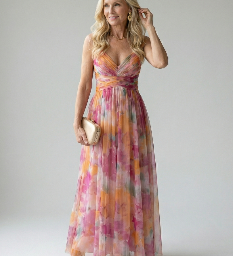 Maxi-Wickelkleid aus Chiffon mit bunter Wasserfarben-Optik, Trägern und V-Ausschnitt