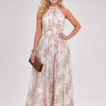 Fließendes Midikleid mit Blumenmuster, ärmellos, Halterneck; hell mit rosafarbenen Blüten