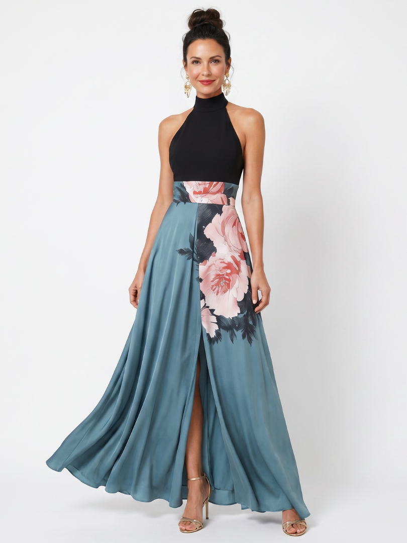 Maxikleid mit Neckholder, schwarzer Oberteilpartie und blauem Blumenrock