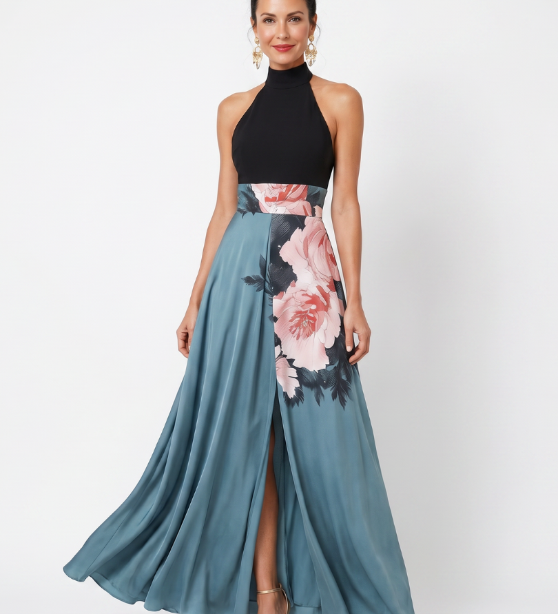 Maxikleid mit Neckholder, schwarzer Oberteilpartie und blauem Blumenrock