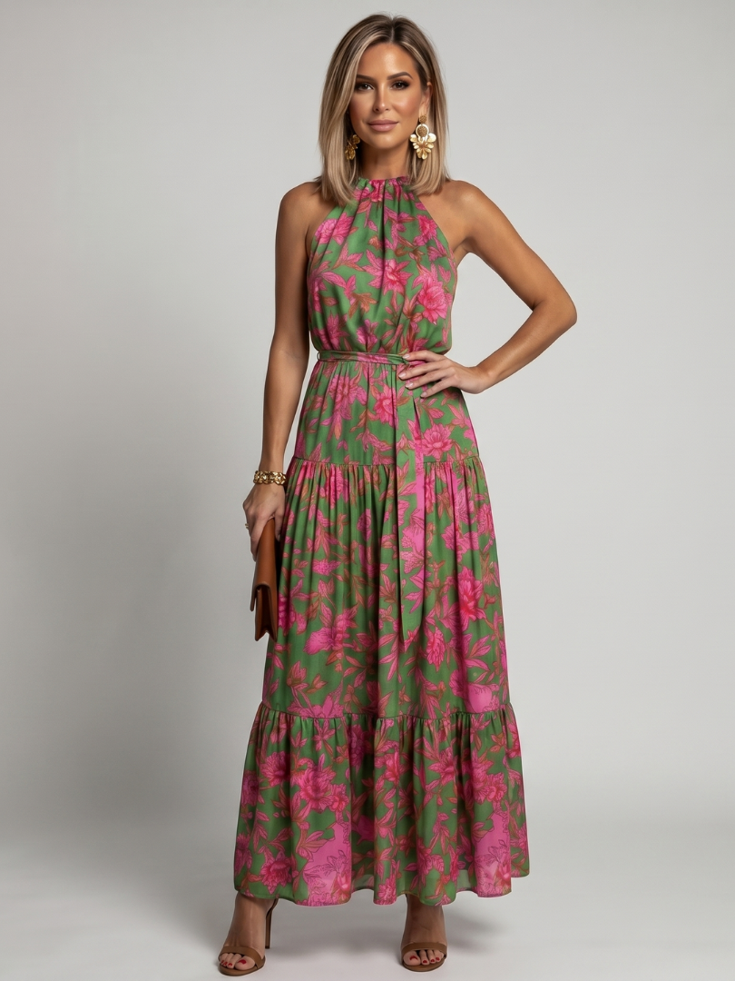 Grünes Halter-Midi-Kleid mit Drapierung und pinken Blumenprints, ärmellos
