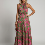 Grünes Halter-Midi-Kleid mit Drapierung und pinken Blumenprints, ärmellos