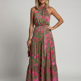 Grünes Halter-Midi-Kleid mit Drapierung und pinken Blumenprints, ärmellos