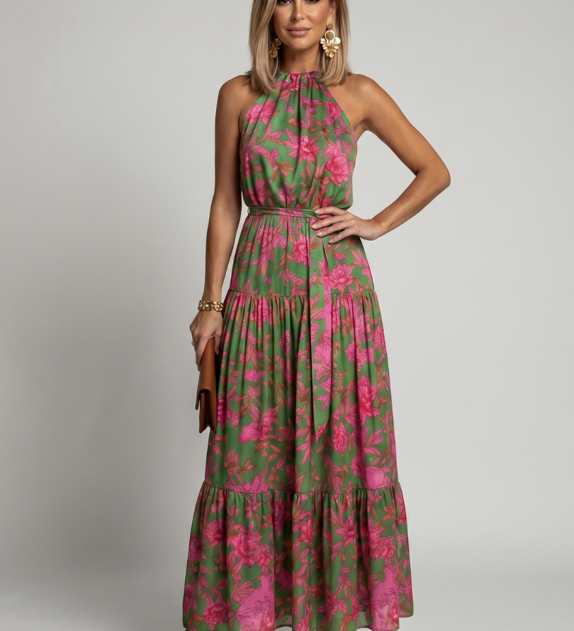 Grünes Halter-Midi-Kleid mit Drapierung und pinken Blumenprints, ärmellos