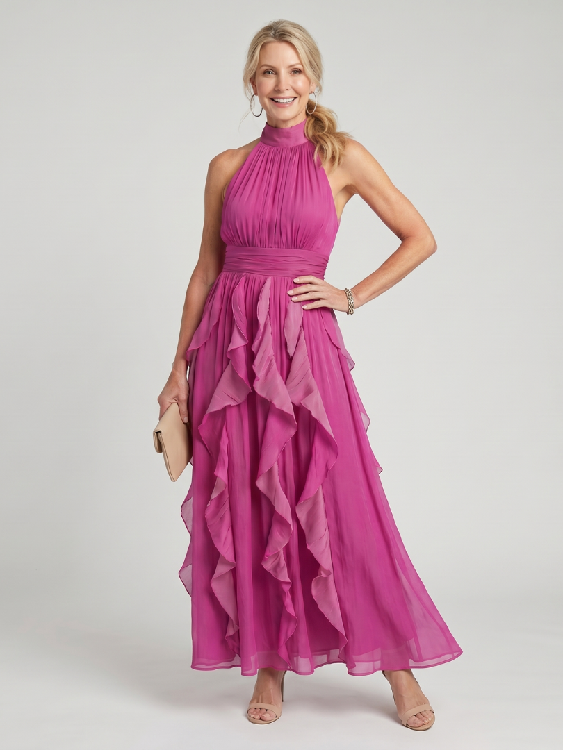 Pinkes Maxikleid mit hohem Hals, geraffter Taille und Rüschenschichten, ärmellos