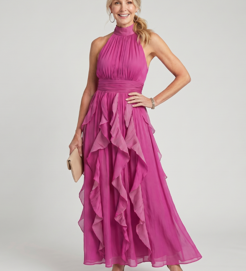 Pinkes Maxikleid mit hohem Hals, geraffter Taille und Rüschenschichten, ärmellos