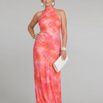 Halterneck Maxikleid mit orange-pinkem Printmuster, ärmellos, bodenlang
