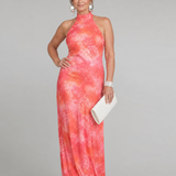 Halterneck Maxikleid mit orange-pinkem Printmuster, ärmellos, bodenlang