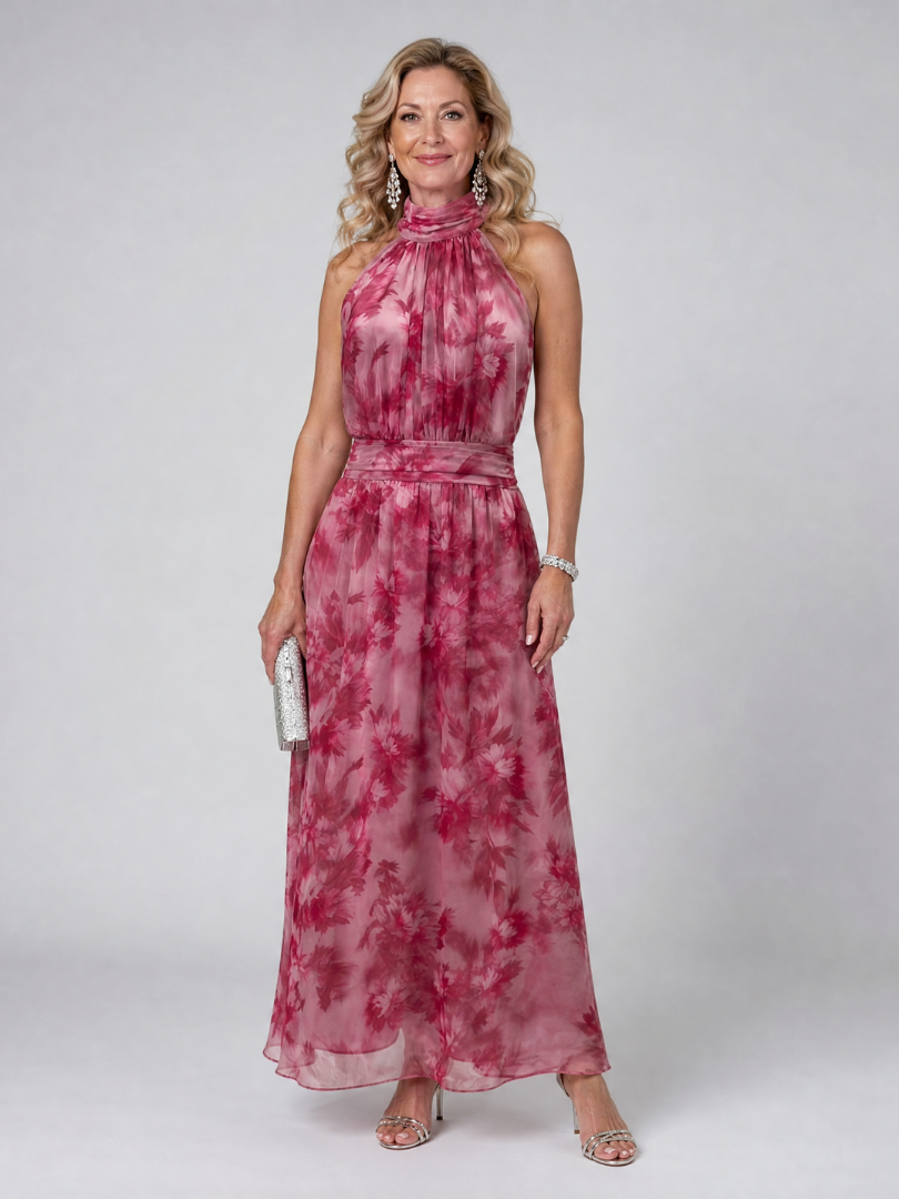 Weiches Halfter-Midi-Kleid aus rosafarbenem Batik mit ärmellosem Oberteil und gerafftem Saum