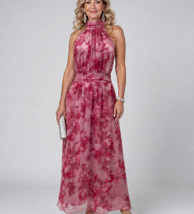 Weiches Halfter-Midi-Kleid aus rosafarbenem Batik mit ärmellosem Oberteil und gerafftem Saum