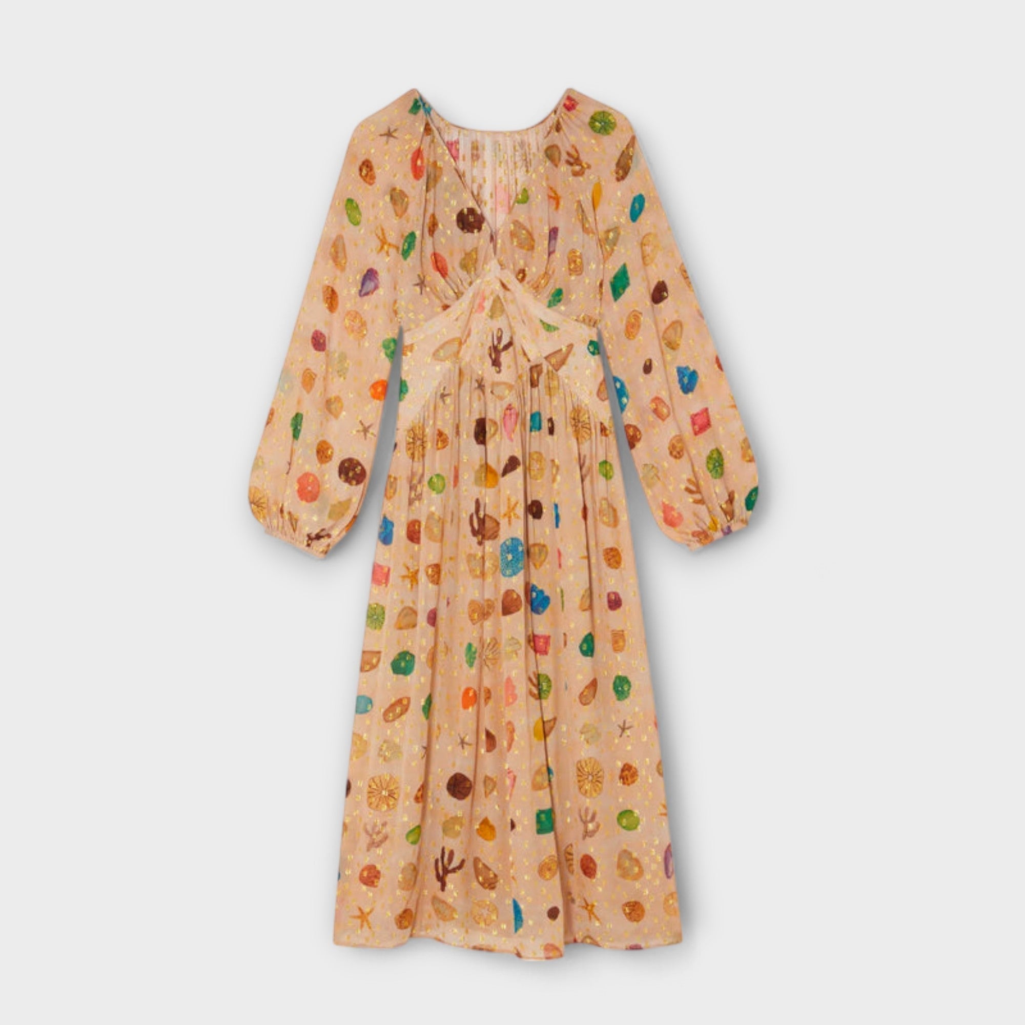 Petite Kleid mit mehrfarbigem Allover-Muster, Raffung vorn und Puffärmeln, knielang?