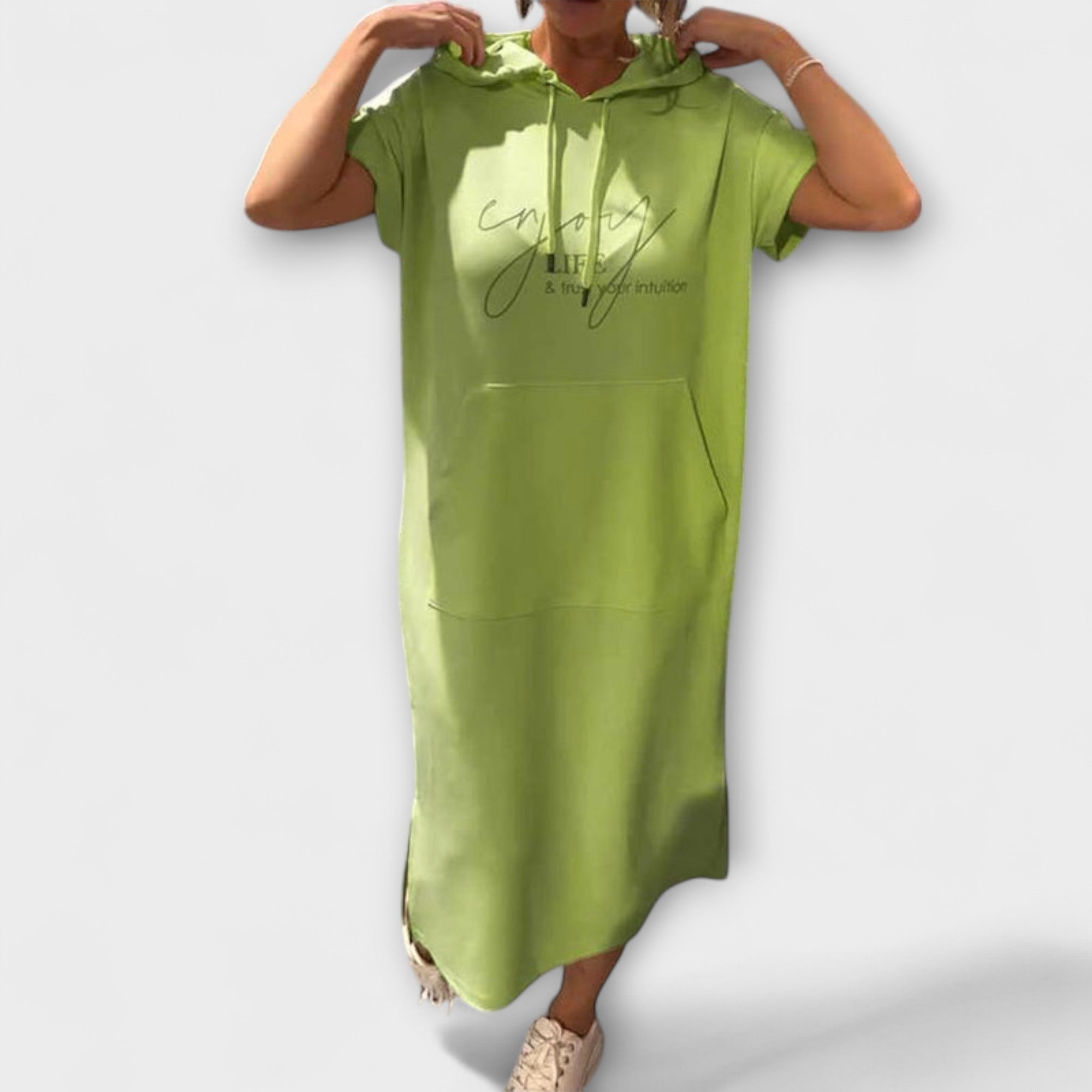 Entspanntes Kapuzenkleid, grünes Shirt-Kleid mit Kapuze und Kängurutasche