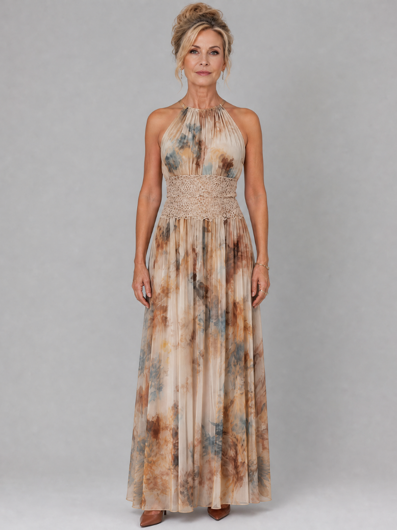 Maxikleid mit Neckholder und Spitzenbund an der Taille, mehrfarbiges Batikmuster