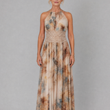 Maxikleid mit Neckholder und Spitzenbund an der Taille, mehrfarbiges Batikmuster