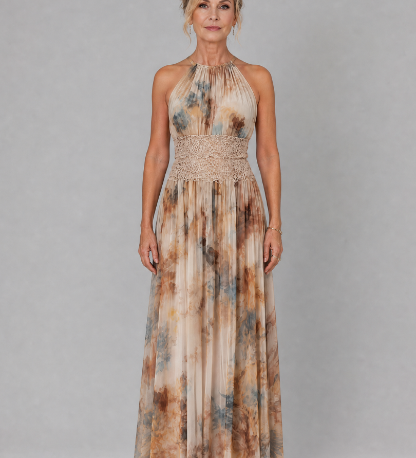 Maxikleid mit Neckholder und Spitzenbund an der Taille, mehrfarbiges Batikmuster