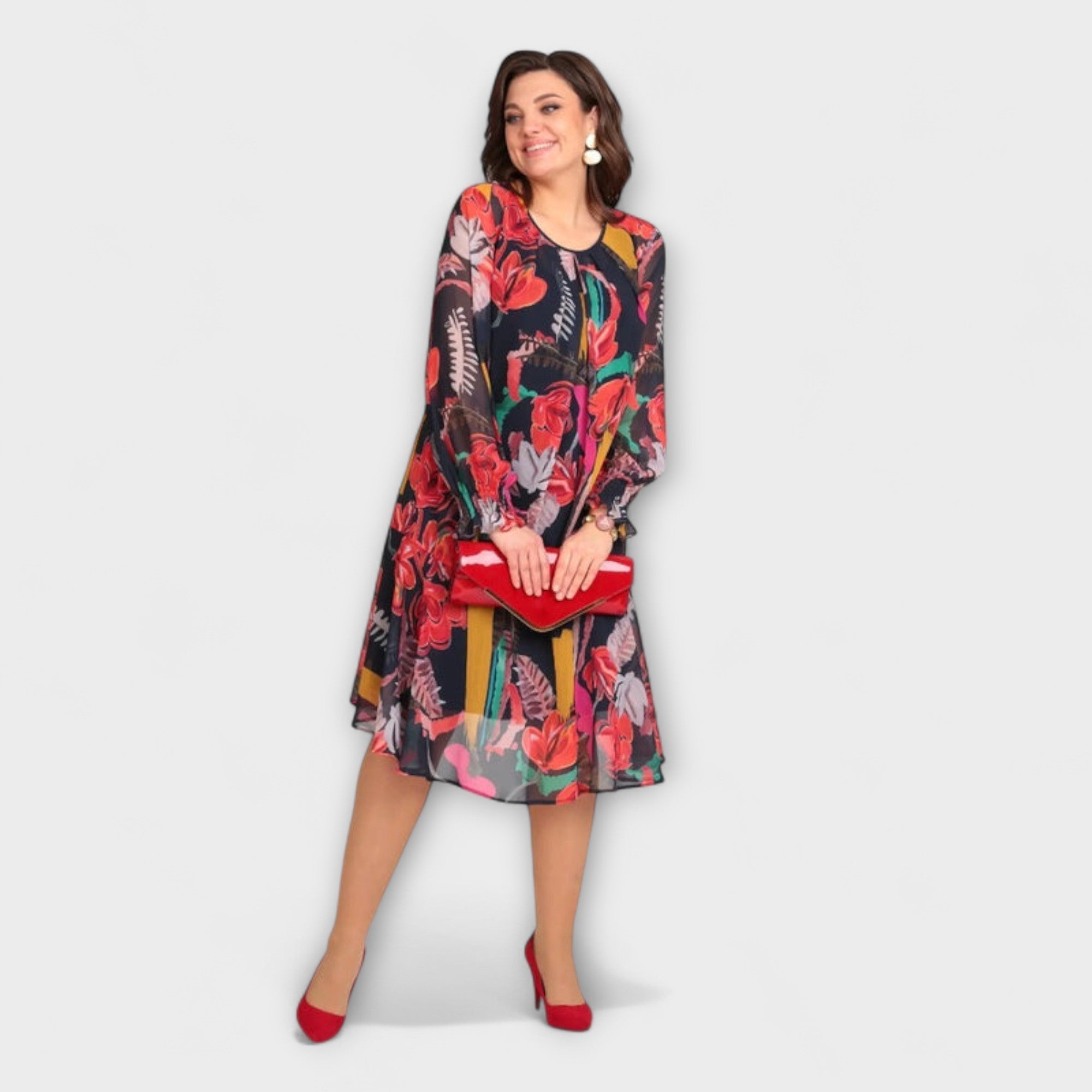 Gemustertes Midikleid mit langen Ärmeln, Rundhalsausschnitt, weiter Rock